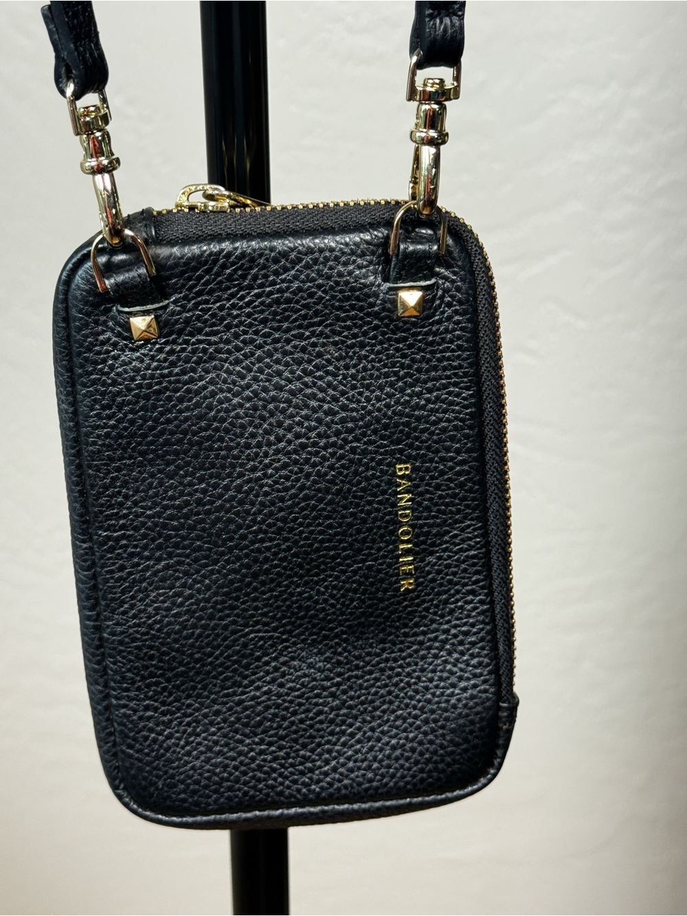 Bandolier Black Leather Phone Crossbody Bag Gold Hardware Adjustable Strap